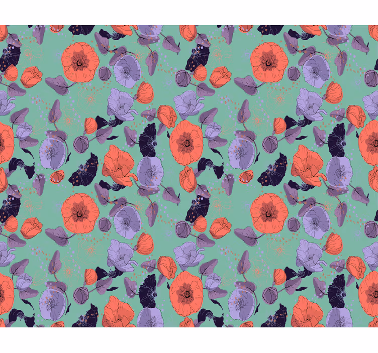 Blomster tapet blå og røde valmuer - TenStickers