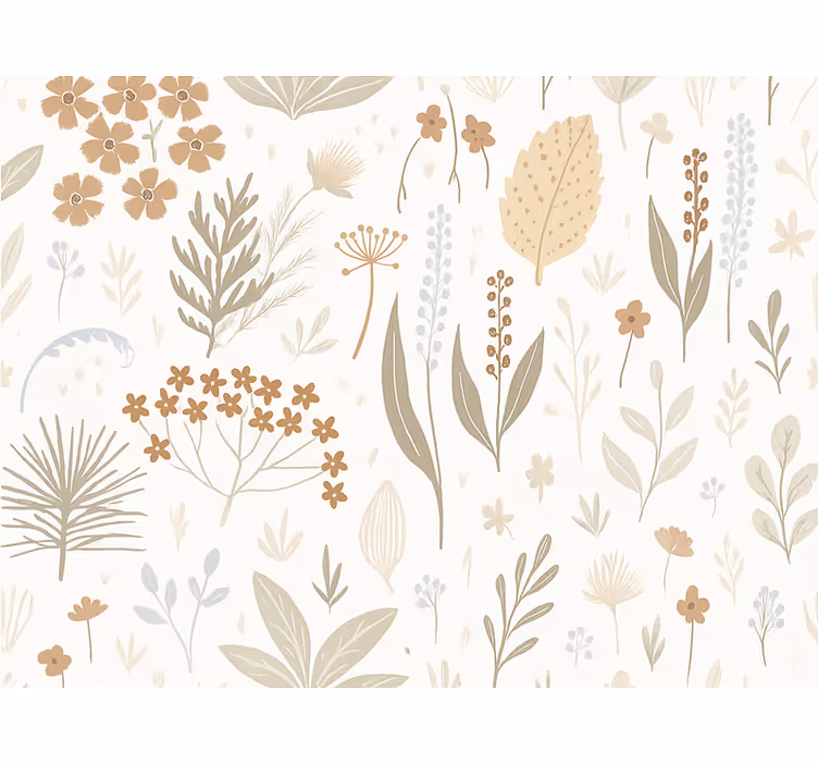 Tapet blade i jordfarver med vilde blomster - TenStickers