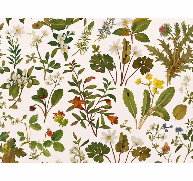 Tapet til soveværelse med botanisk design på hvid baggrund - TenStickers