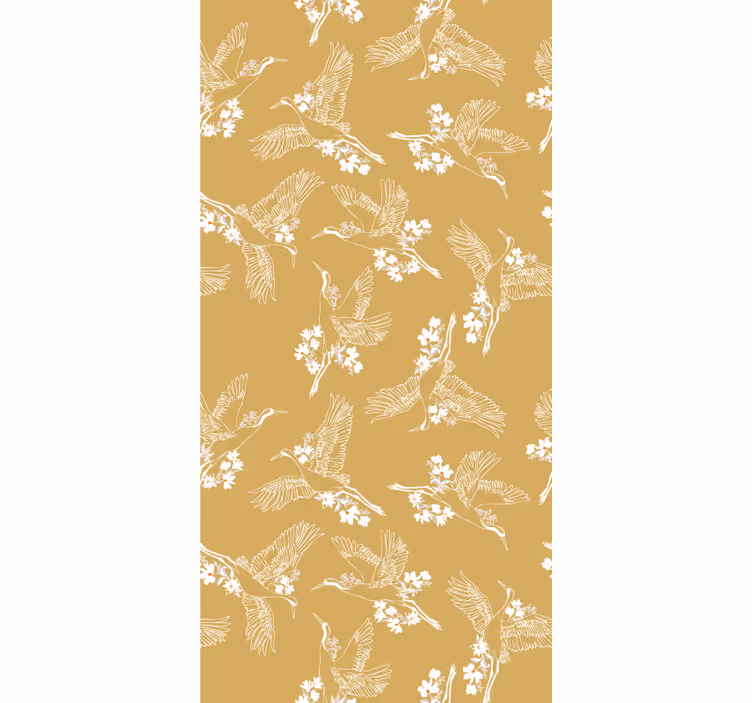 Beige tapet med japanske blomster og fugle - TenStickers