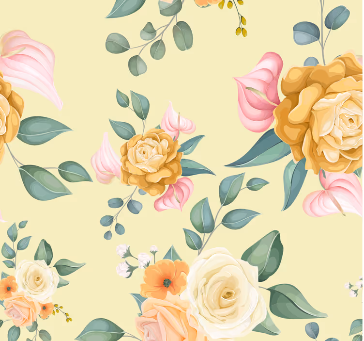 Gule roser vintage stil blad tapet - TenStickers