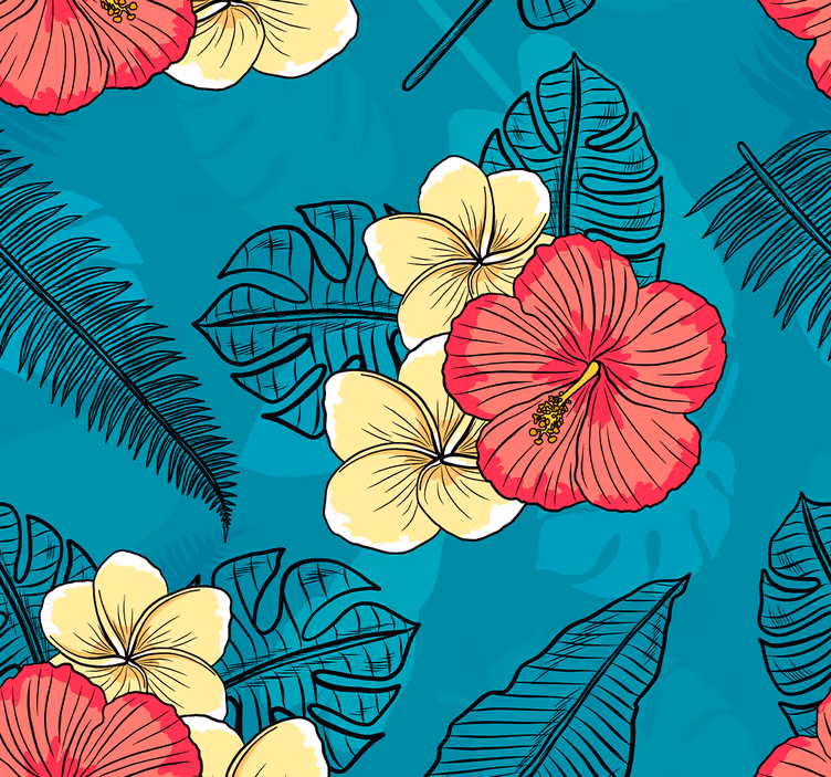 Tropisk hibiscus mønster blomster tapet - TenStickers