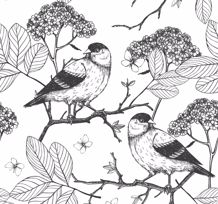 Fugle botaniske motiv tapet med fugle - TenStickers