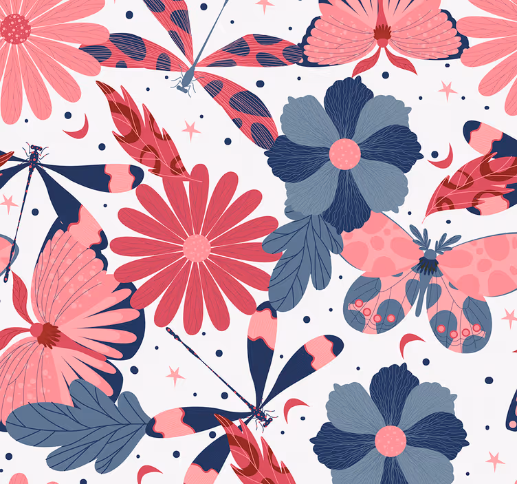 Pink sommerfugl mønster blomster tapet - TenStickers