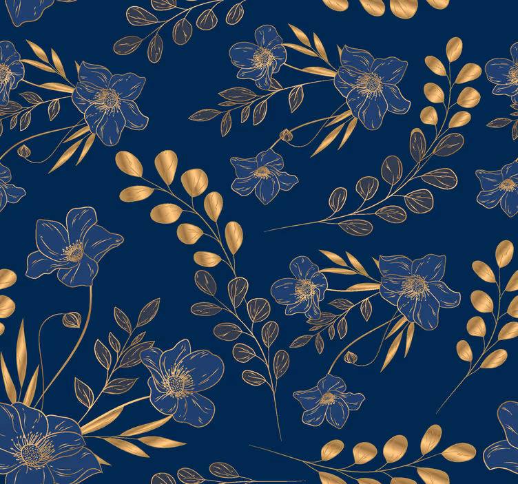 Gyldne blomster mønster navy uk tapet - TenStickers