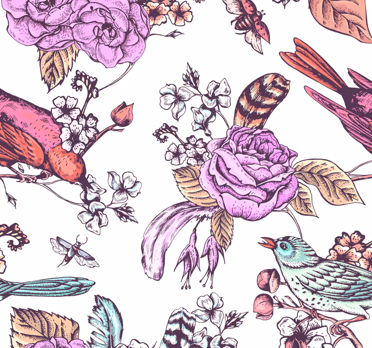 Blomstret fugledesign floral tapet - TenStickers