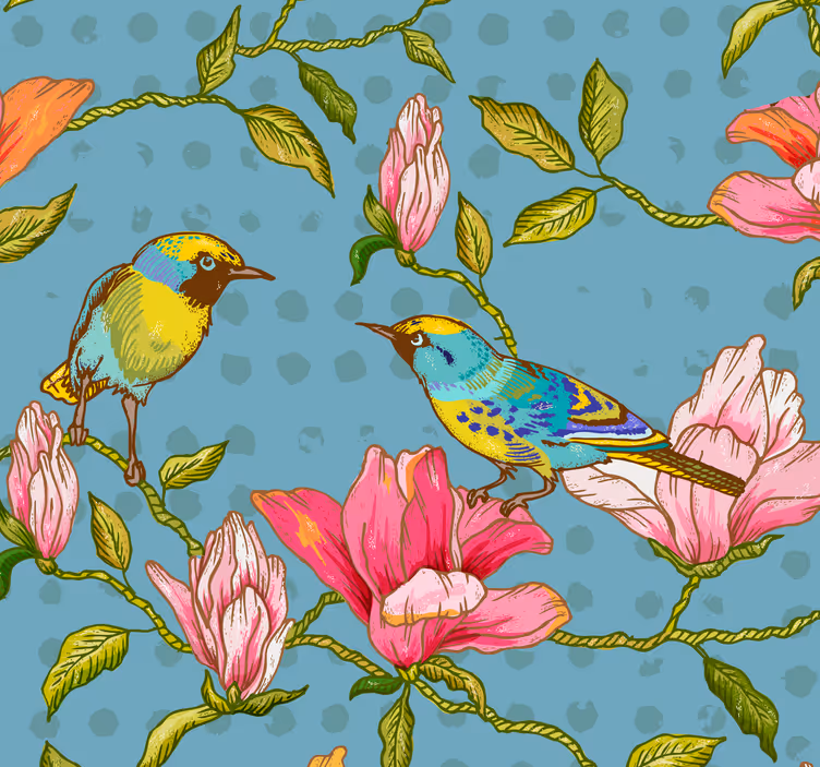Gule fugle med blomster blomst tapet - TenStickers