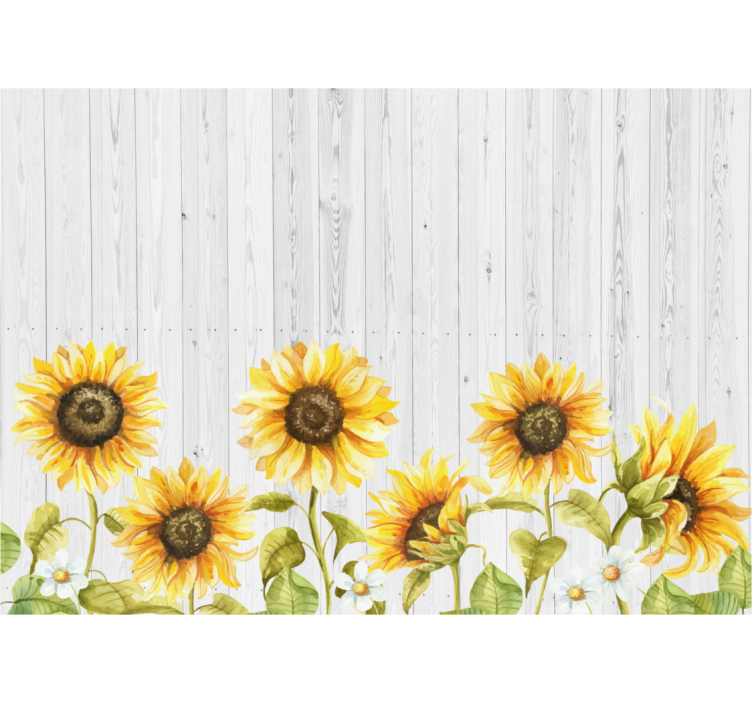 Rullegardin køkken solblomster på grå træplanker - TenStickers