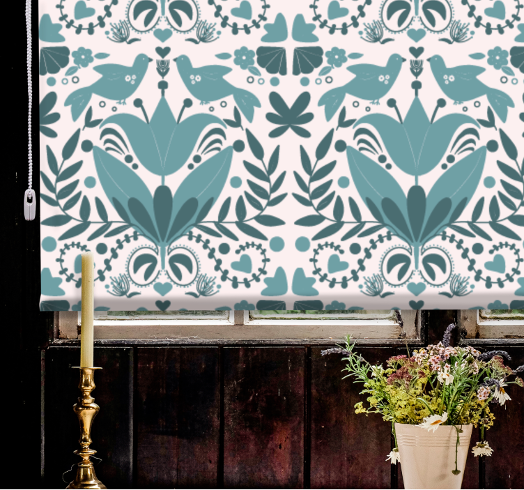 Blå folkekunstmønster med fugle blomsterRullegardiner - TenStickers