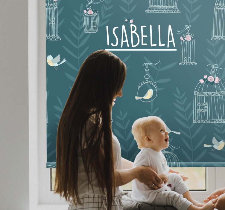 Blå fuglebure med navn mørklægningsgardiner børn - TenStickers