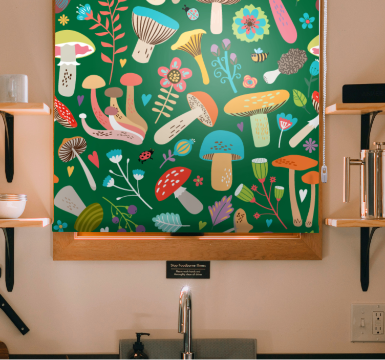 Levende svampemotiv Blomster og planter på rullegardin - TenStickers