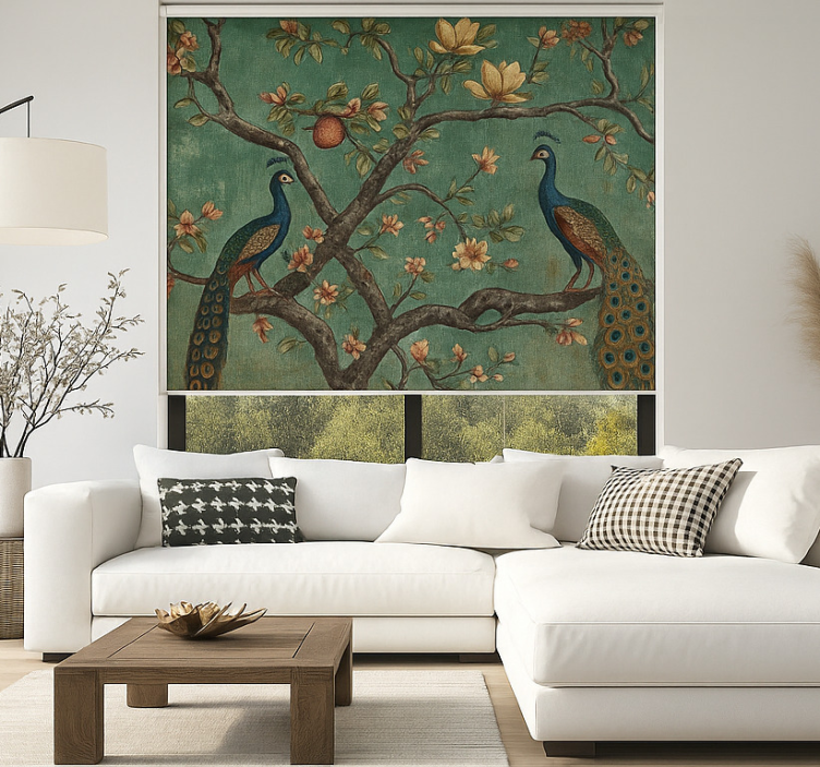 Udsmykket påfugletæppe rullegardiner til stue - TenStickers