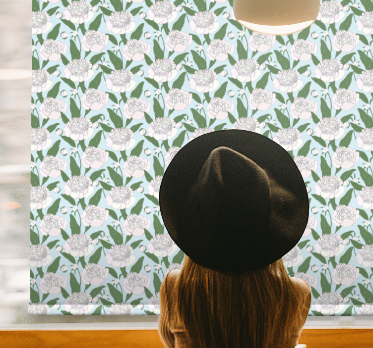 Hvidt pæonmønster Blomster og planter på rullegardin - TenStickers