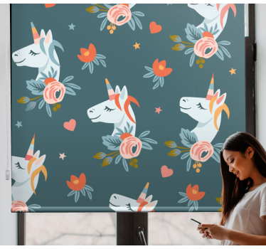 Enhjørning med blomster rullegardin til børn - TenStickers