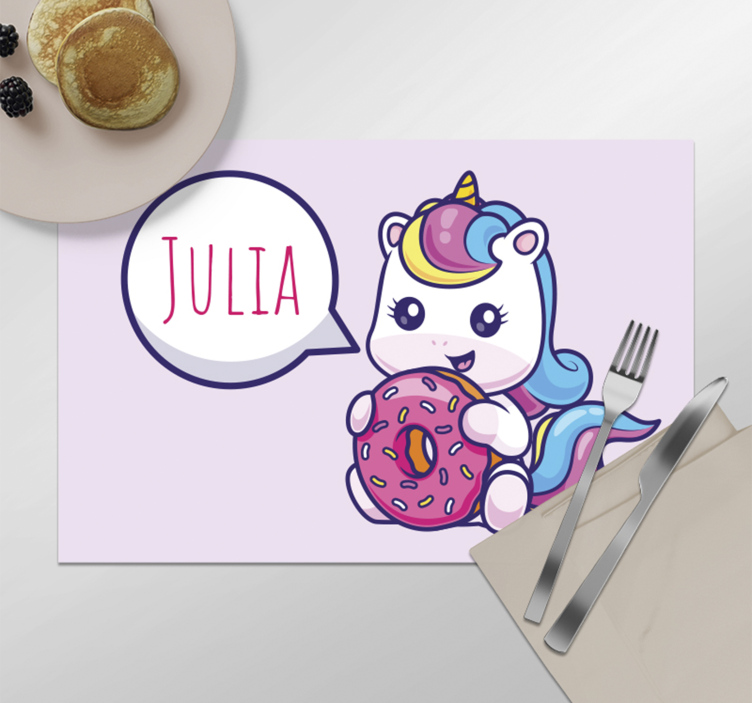Unicorn med donut dækkeserviet med navn - TenStickers