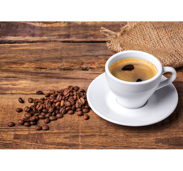 Kaffe på et træbord fototapet - TenStickers