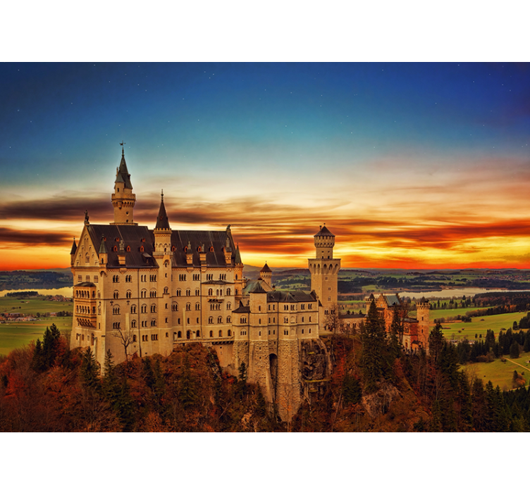 Solnedgang på neuschwanstein slot fototapet af byer - TenStickers