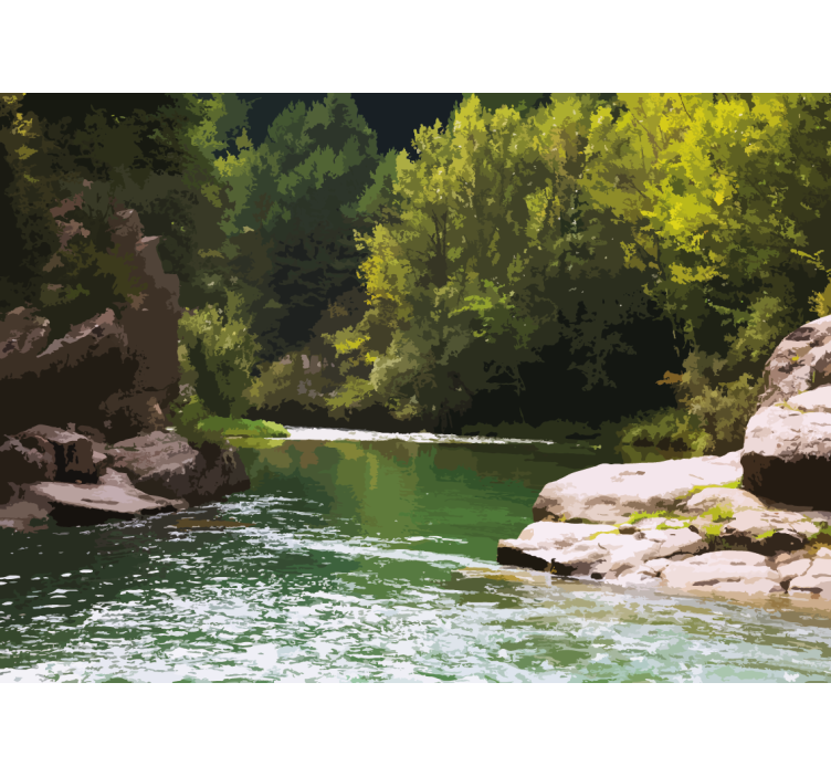 Bjerge med træer en flod natur fototapet - TenStickers