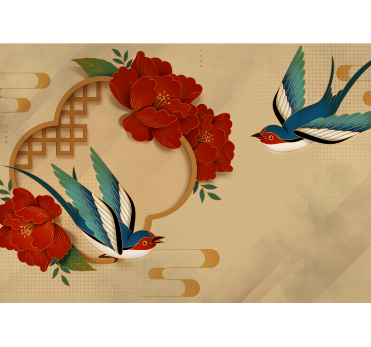 Fugle og blomster 3d fototapet - TenStickers