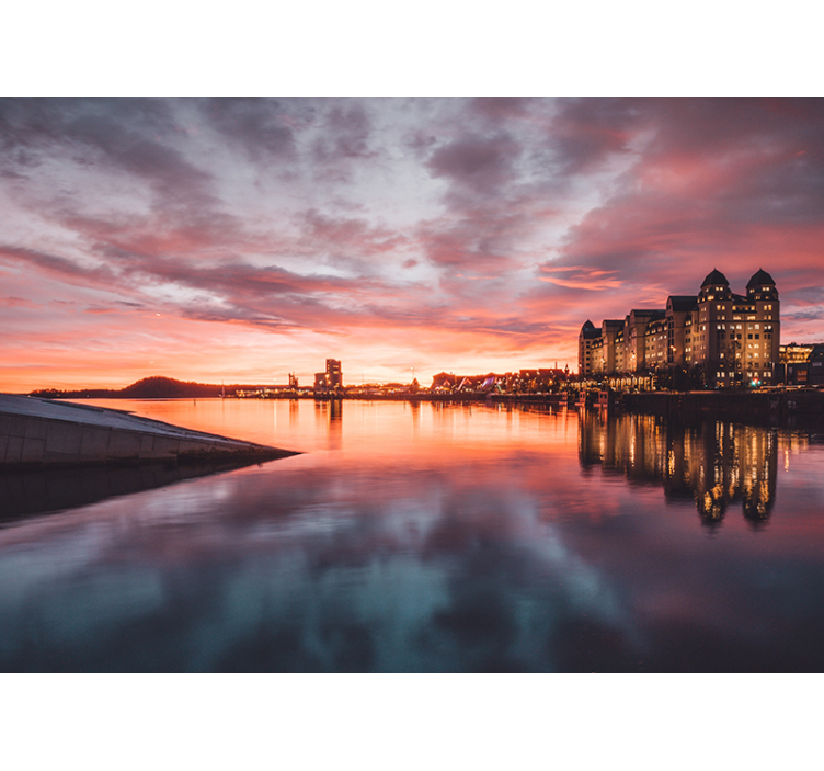 Solnedgang bybillede refleksion fototapet af byer - TenStickers