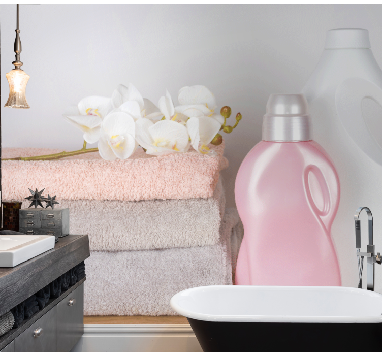 Arrangement af bløde håndklæder fototapet badeværelse - TenStickers