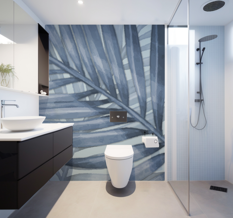 Blåt tropisk blad fototapet til badeværelset - TenStickers