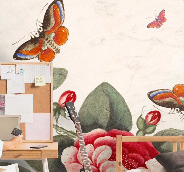 Fototapet blomster svævende insekter og blomster - TenStickers