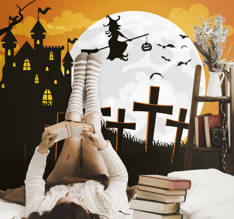 Halloween hus med heks fototapet - TenStickers