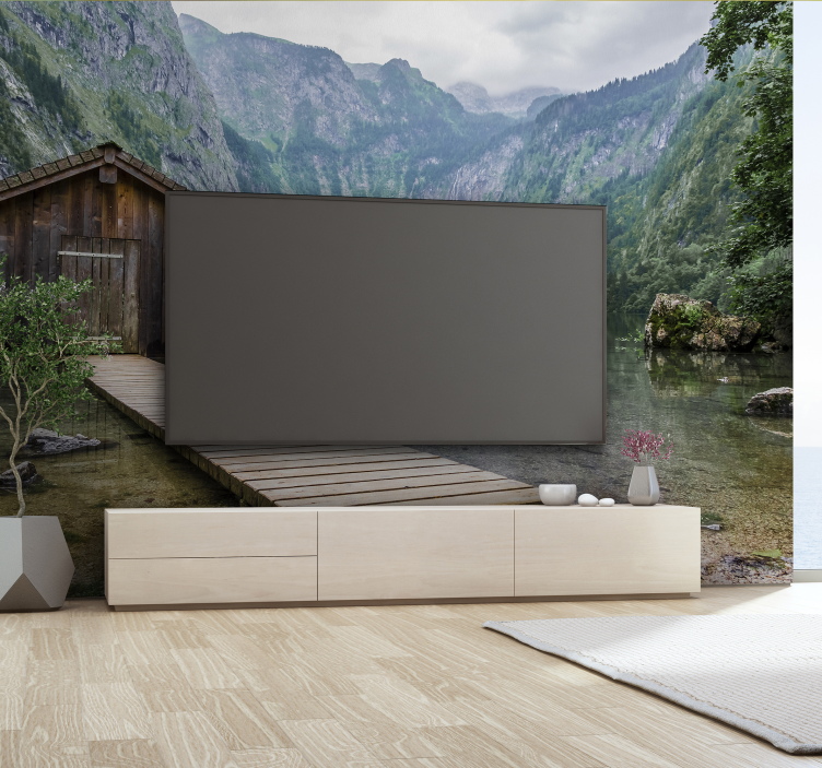 Hytte i bjergfototapetet - TenStickers