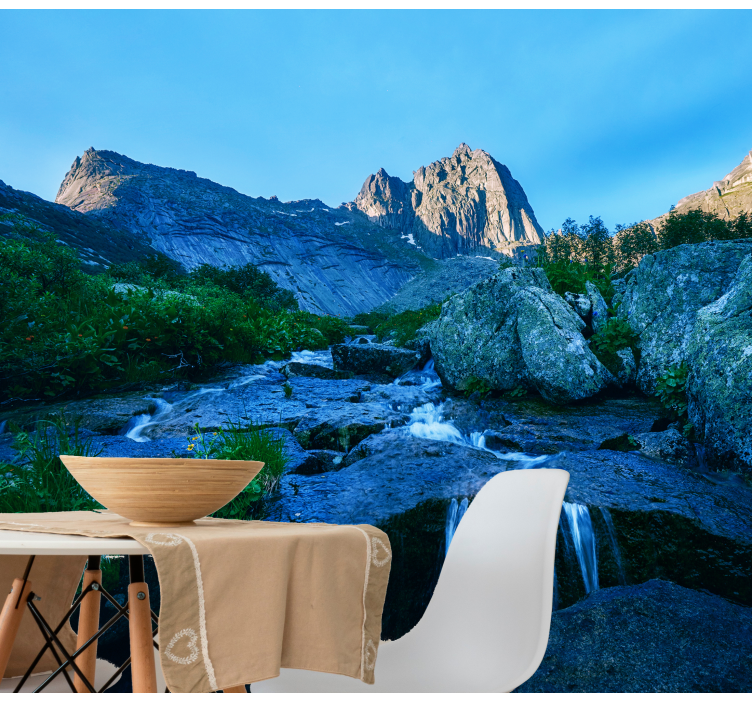 Landskab fototapet bjerge stream udsigt - TenStickers
