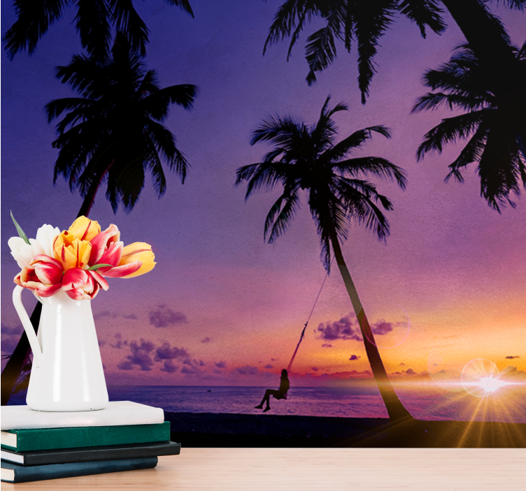 Natur fototapet solnedgang svingende palme - TenStickers