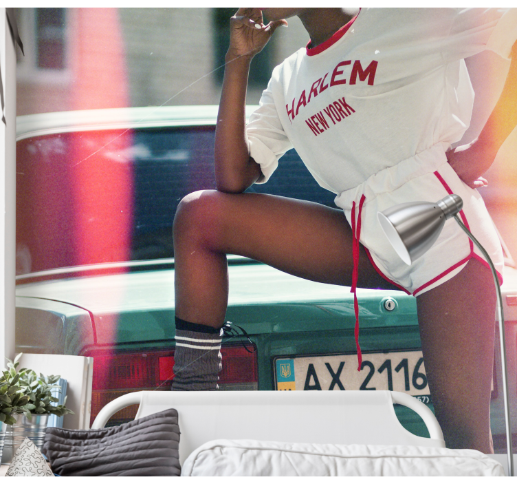 Racerbil med cheerleader fototapet - TenStickers