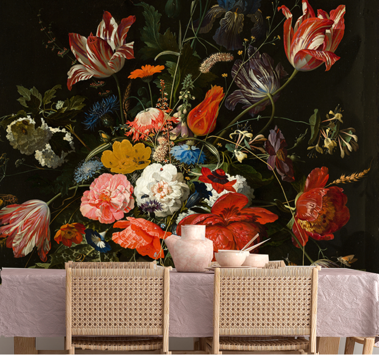 Rød blå og hvide blomster kunst fototapet - TenStickers