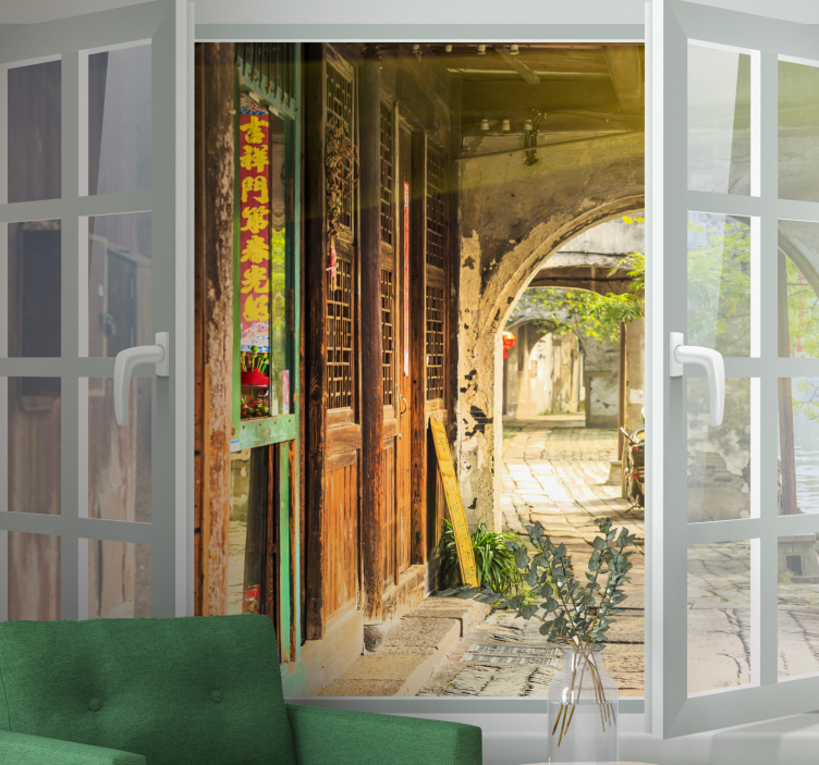 Vindue med gamle byudsigt fototapet - TenStickers