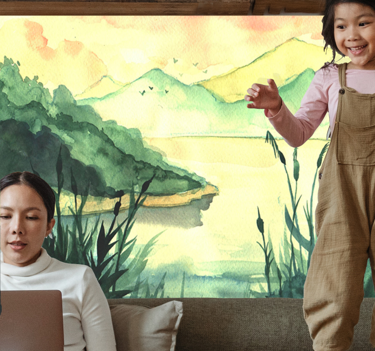 Vintage sø og træer skov fototapet - TenStickers