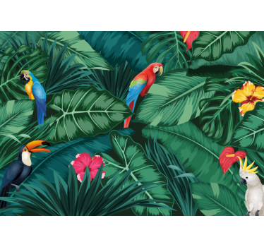 Farverig jungle med papegøje skov fototapet tapet - TenStickers