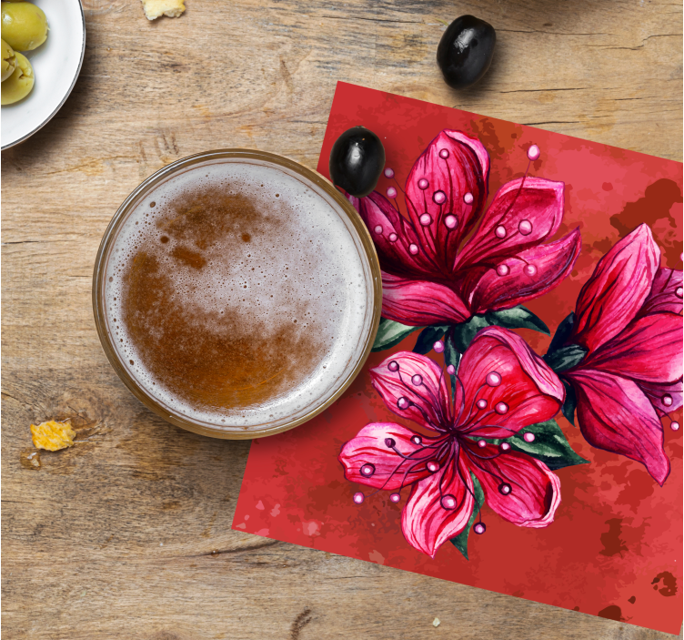 Røde tegnede blomster moderne vinyl drink coaster - TenStickers