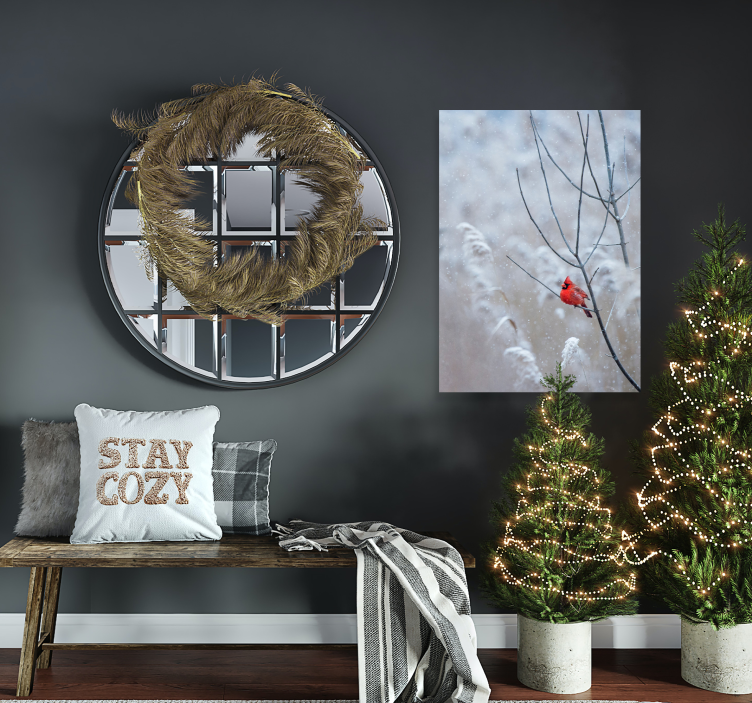 Rød fugl på gren juleplakat - TenStickers