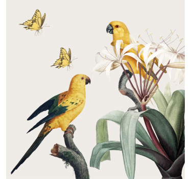 Plakat stue papegøjer med gule blomster og sommerfugle - TenStickers
