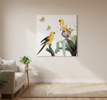 Plakat stue papegøjer med gule blomster og sommerfugle - TenStickers