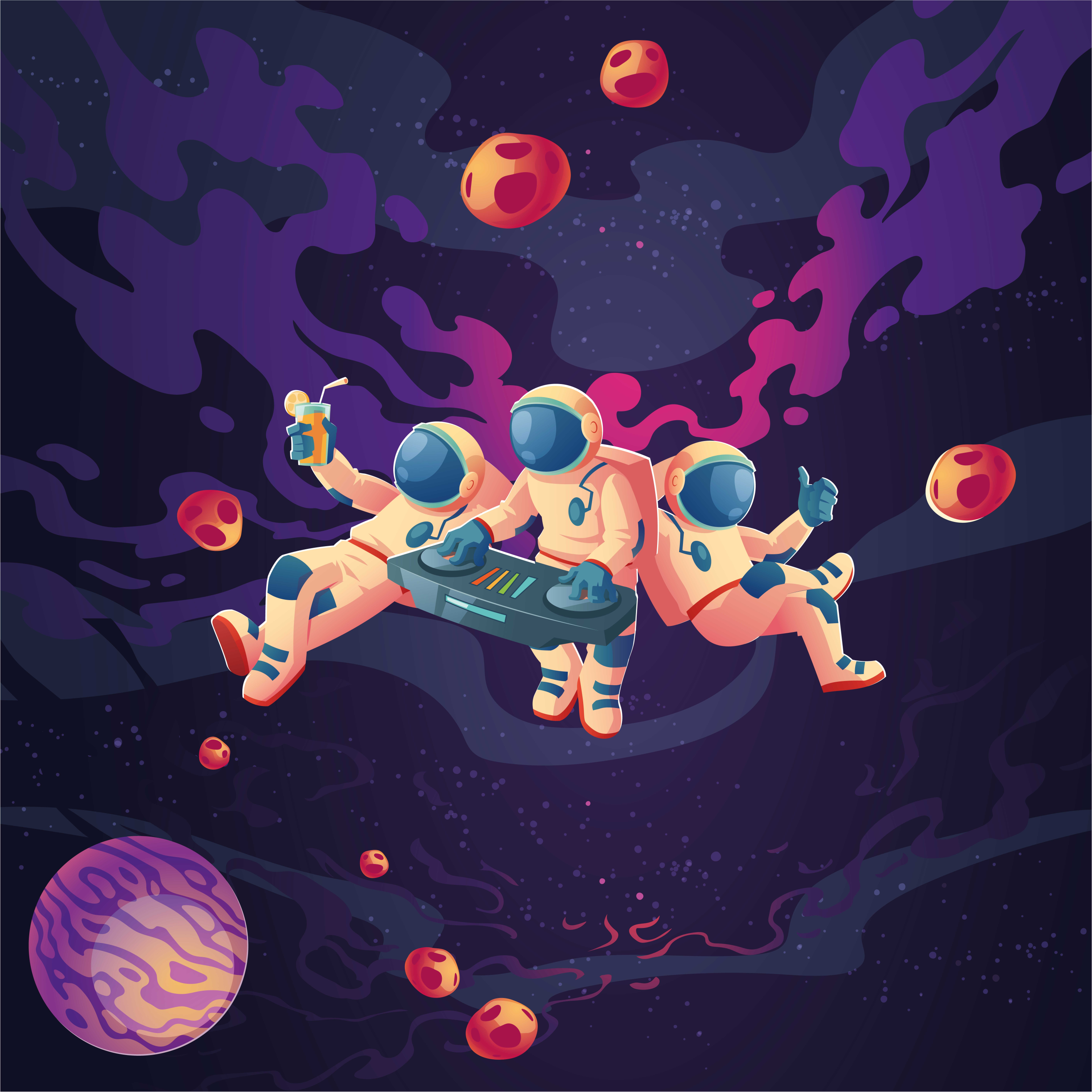 Børneværelse plakat med jammende tegneserieastronauter - TenStickers