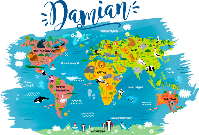 Verdenskort plakat med dyrenavne på polsk - TenStickers