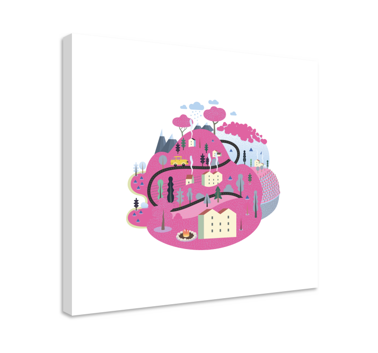 Lyserøde bjerge med huse børnehave lærred - TenStickers