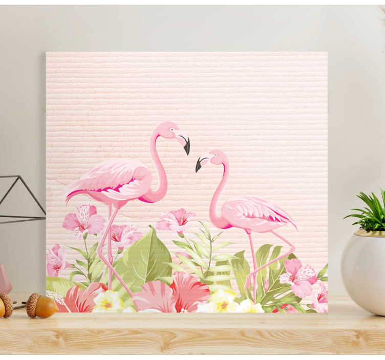 Blomster og planter lærredsbillede med flamingoer - TenStickers