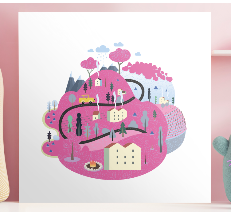Lyserøde bjerge med huse børnehave lærred - TenStickers