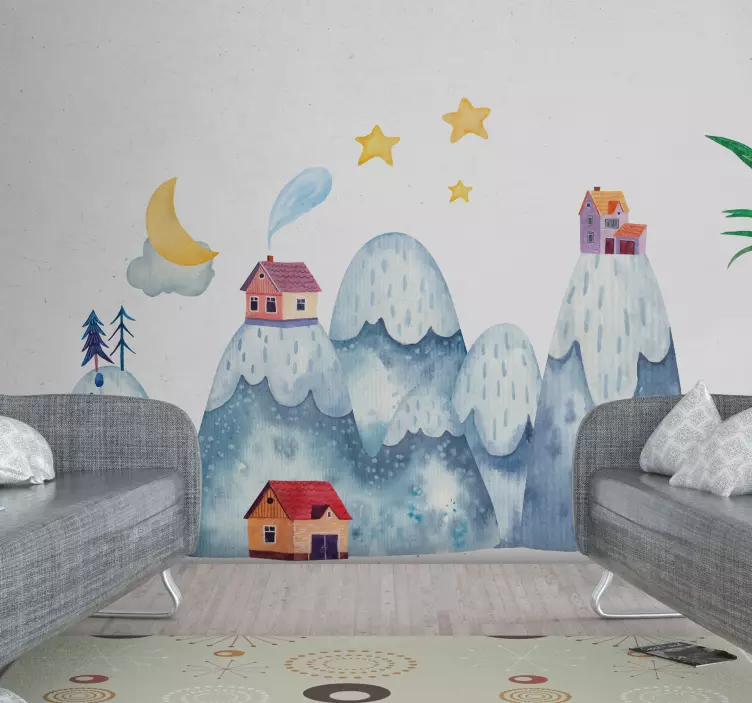 Bjerg med huse natur mærkat - TenStickers