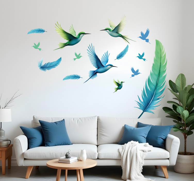 Blå fjer med fugle wallsticker - TenStickers
