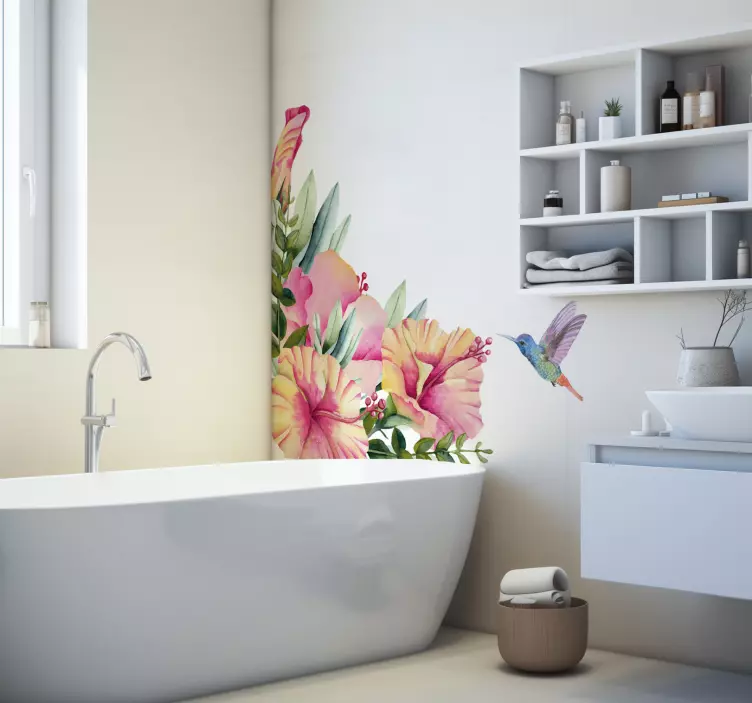 Blomster med kolibri badeværelse wallsticker - TenStickers