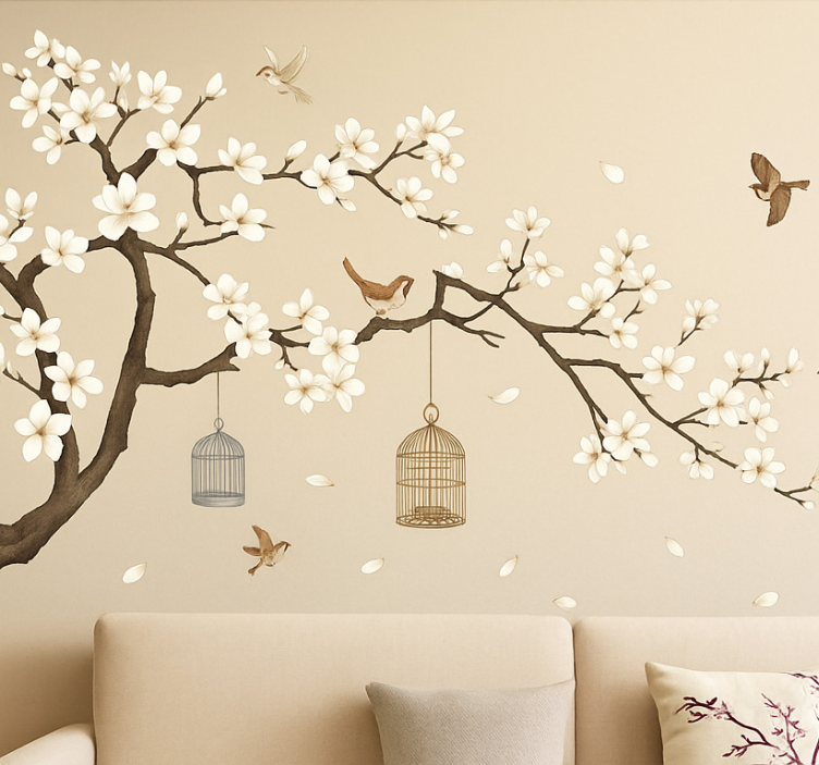 Blomstertræ med fugle stue wallsticker - TenStickers