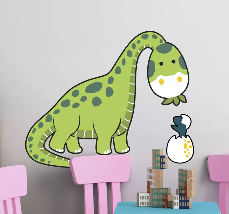 Brontosaurus med et barn dinosaur vægoverføringsbillede - TenStickers